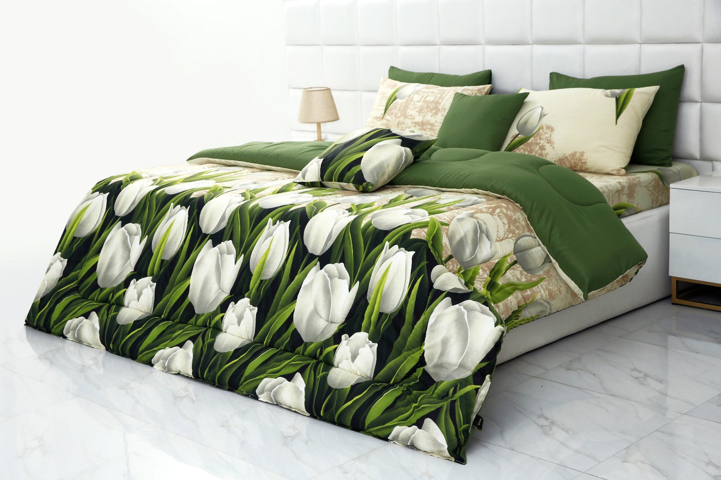8 PCs Winter Comforter Set-Tulip Green Comforters Apricot