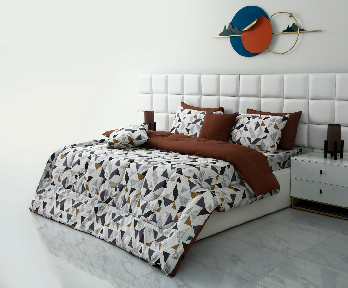 8 PCs Winter Comforter Set-Brown Triangle Comforters Apricot