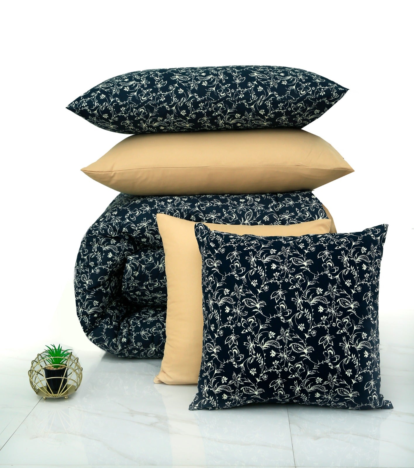 8 PCs Winter Comforter Set-Floral Block Comforters Apricot