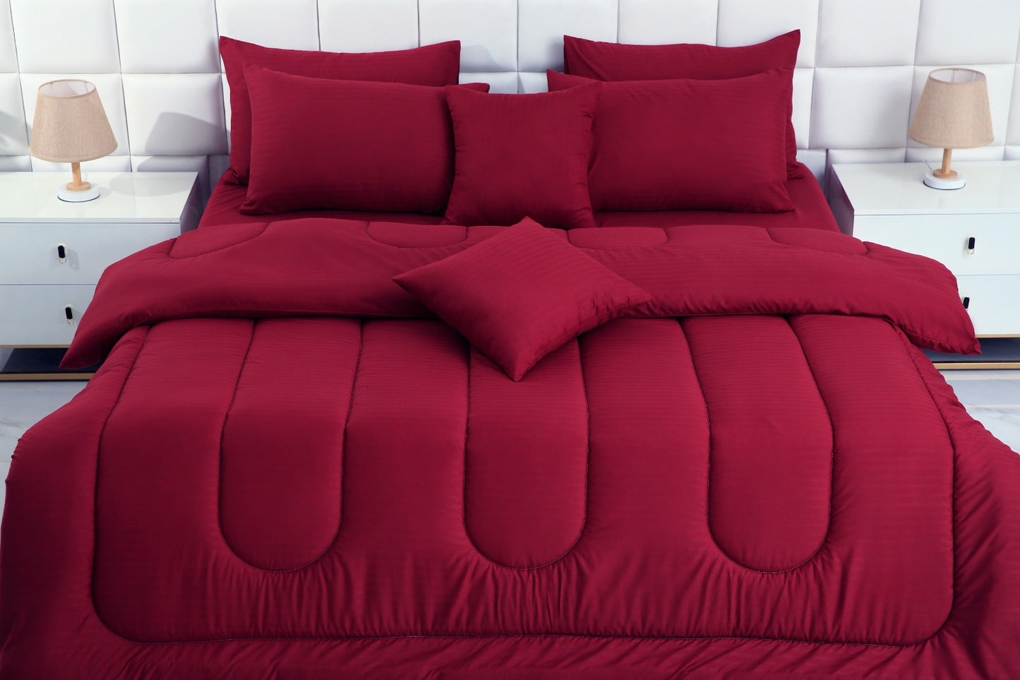 8 PCs Winter Comforter Set- Maroon Comforters Apricot