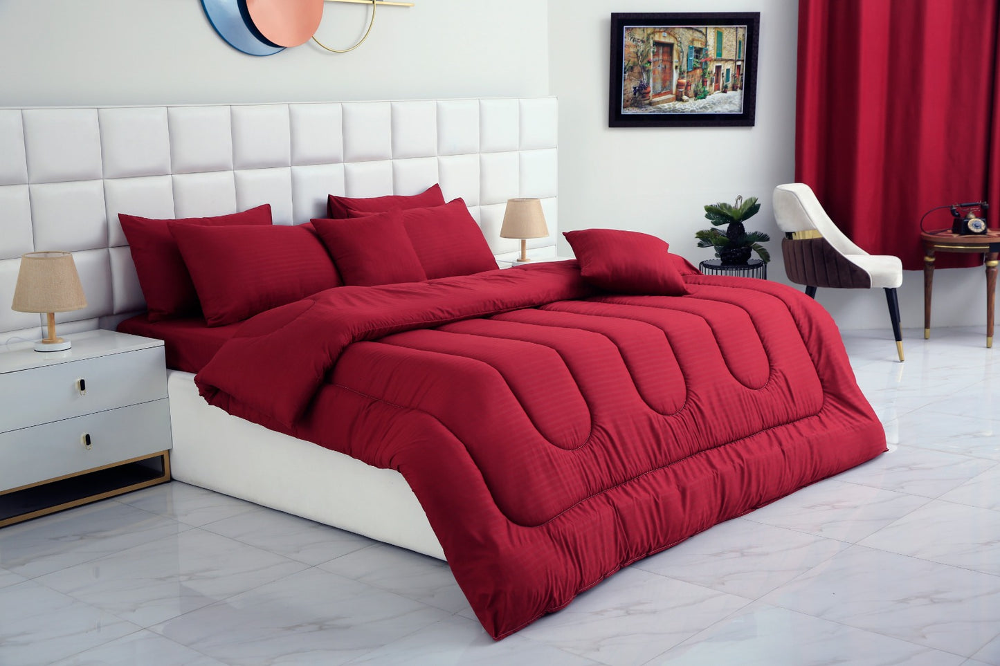 8 PCs Winter Comforter Set- Maroon Comforters Apricot