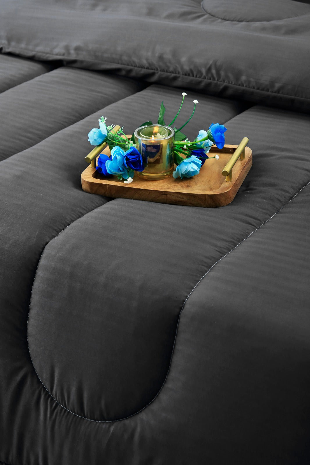 8 PCs Winter Comforter Set-Grey Satin Stripe Comforters Apricot