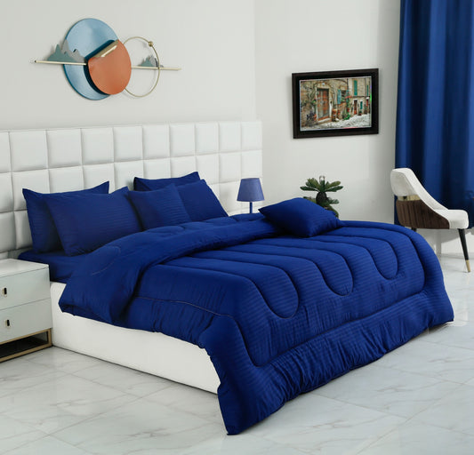 8 PCs Winter Comforter Set-Blue Satin Stripe