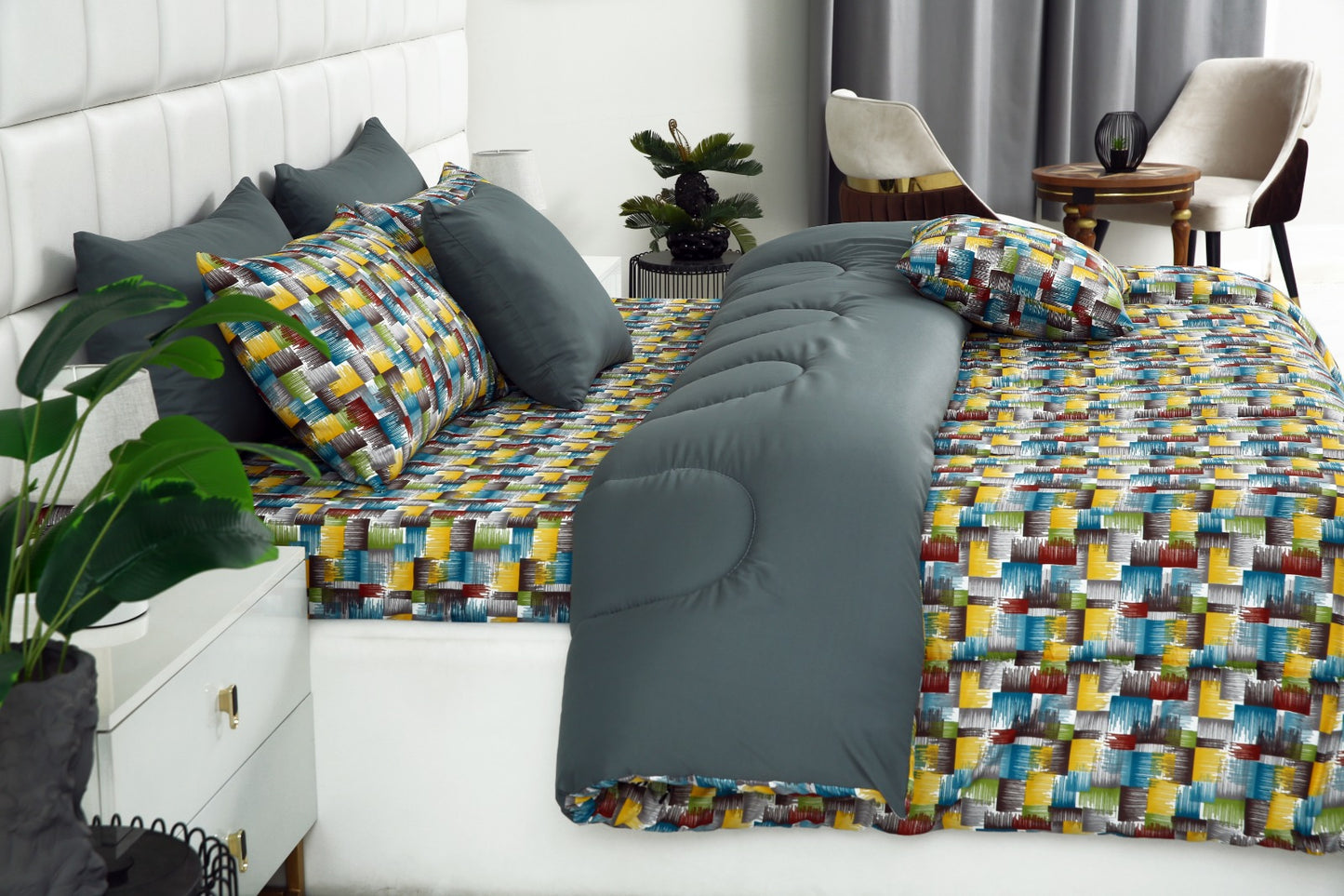 8 PCs Winter Comforter Set-Multi Ombre (Grey Reverse) Comforters Apricot
