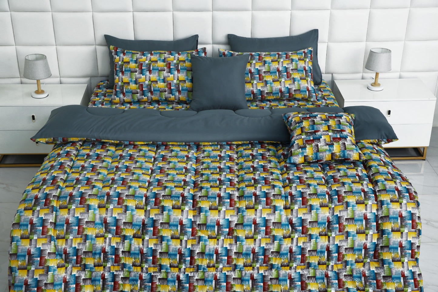 8 PCs Winter Comforter Set-Multi Ombre (Grey Reverse) Comforters Apricot