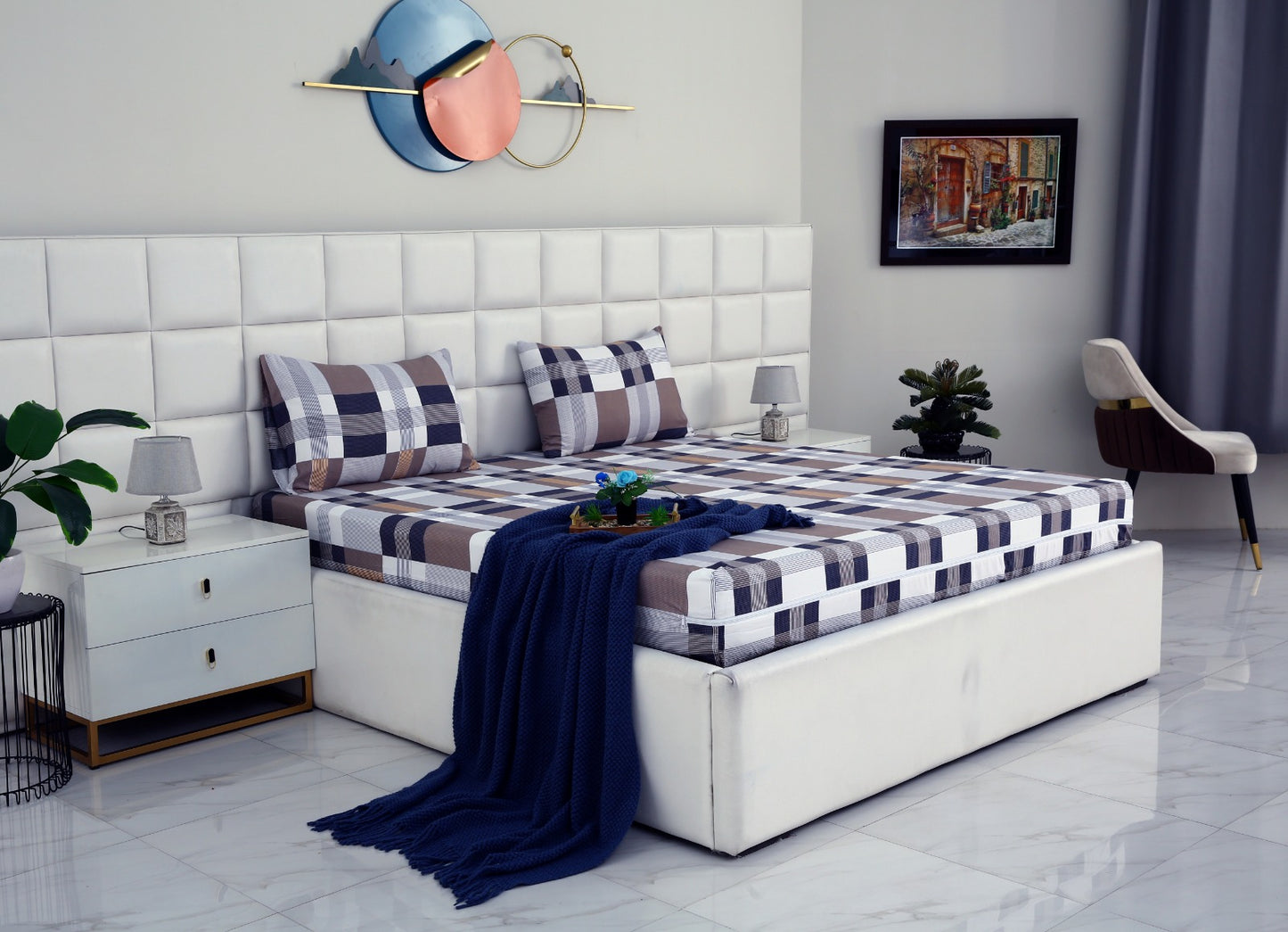 2Pcs Single Bed Sheet-Brown Check single bed sheet Apricot