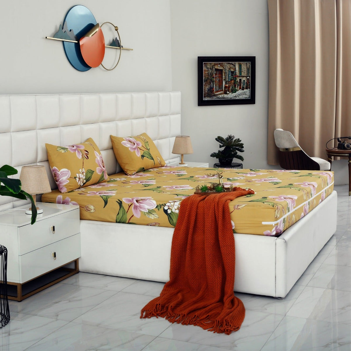 Zipper Mattress Cover Printed-Hibiscus Protectors Apricot