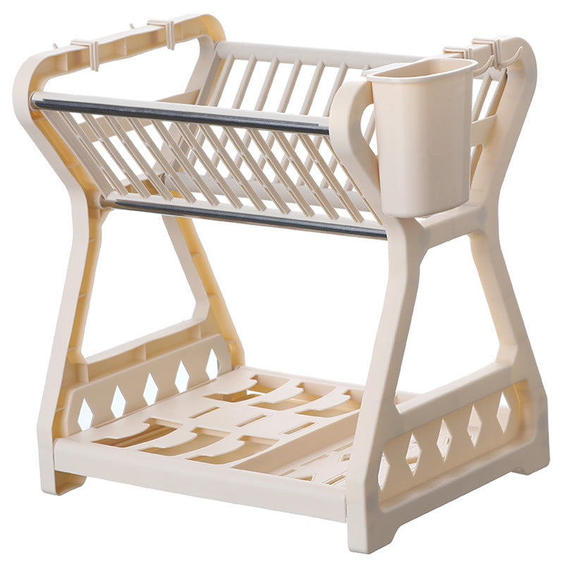 2-Tier-Dish Drying Rack & Utensil Holder(15254)-Beige Dish Rack Apricot