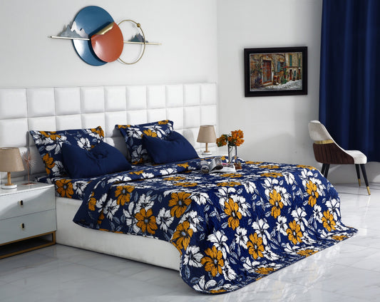 6 PCs Printed Bed Spread Set-White Flower Bed Spread Apricot