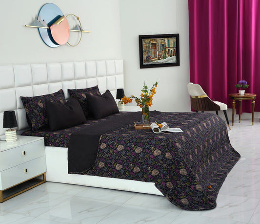 6 PCs Printed Bed Spread Set-Black Lily Bed Spread Apricot