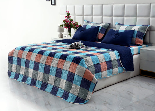 6 PCs Printed Bed Spread Set-Pastel Check Bed Spread Apricot