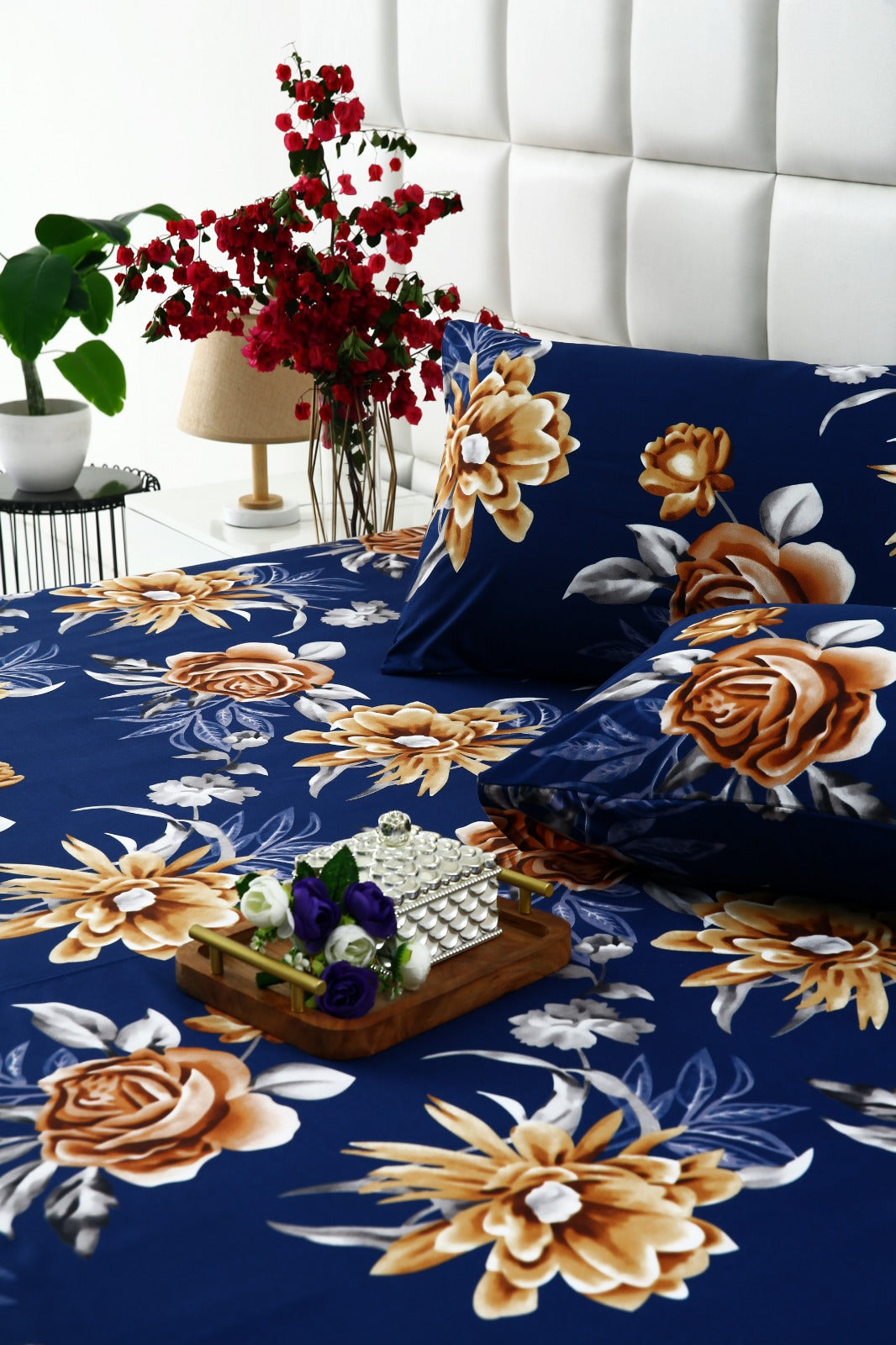 3 PCs Double Bed Sheet-Ethnic Flowers Bed Sheets Apricot