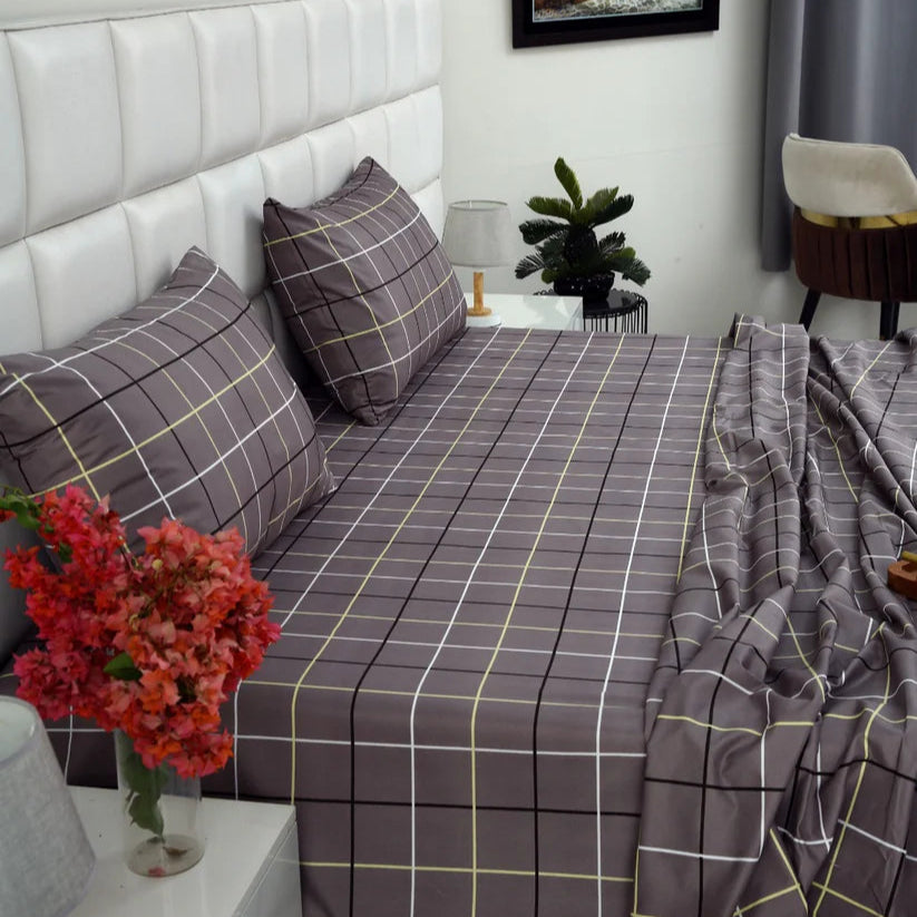 2Pcs Single Bed Sheet-Multi Check single bed sheet Apricot