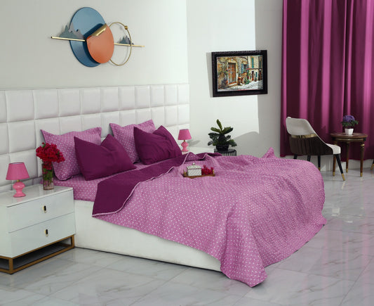 6 PCs Printed Bed Spread Set-Lilac Polka Bed Spread Apricot