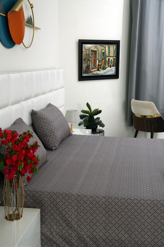 3 PCs Double Bed Sheet-Light Plaid Bed Sheets Apricot