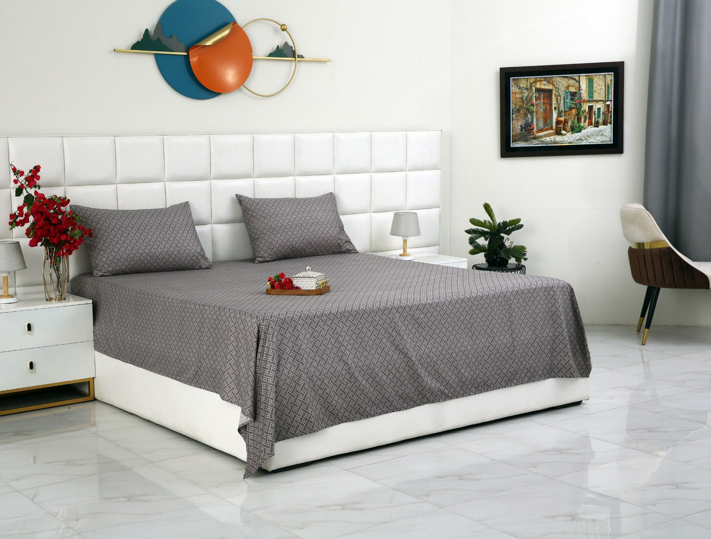 3 PCs Double Bed Sheet-Light Plaid Bed Sheets Apricot