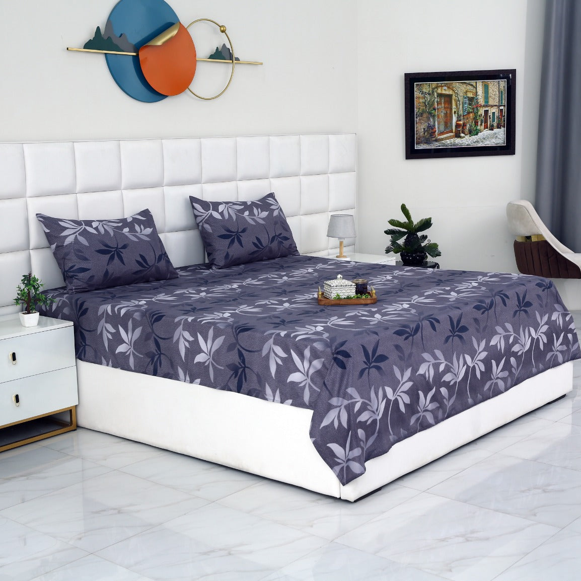 3 PCs Double Bed Sheet-Grey Leaf Bed Sheets Apricot