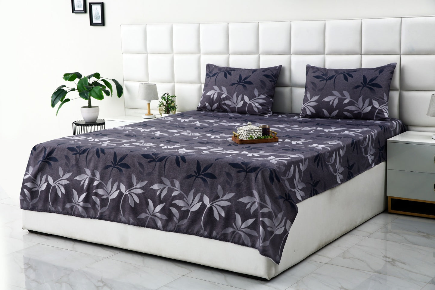3 PCs Double Bed Sheet-Grey Leaf Bed Sheets Apricot