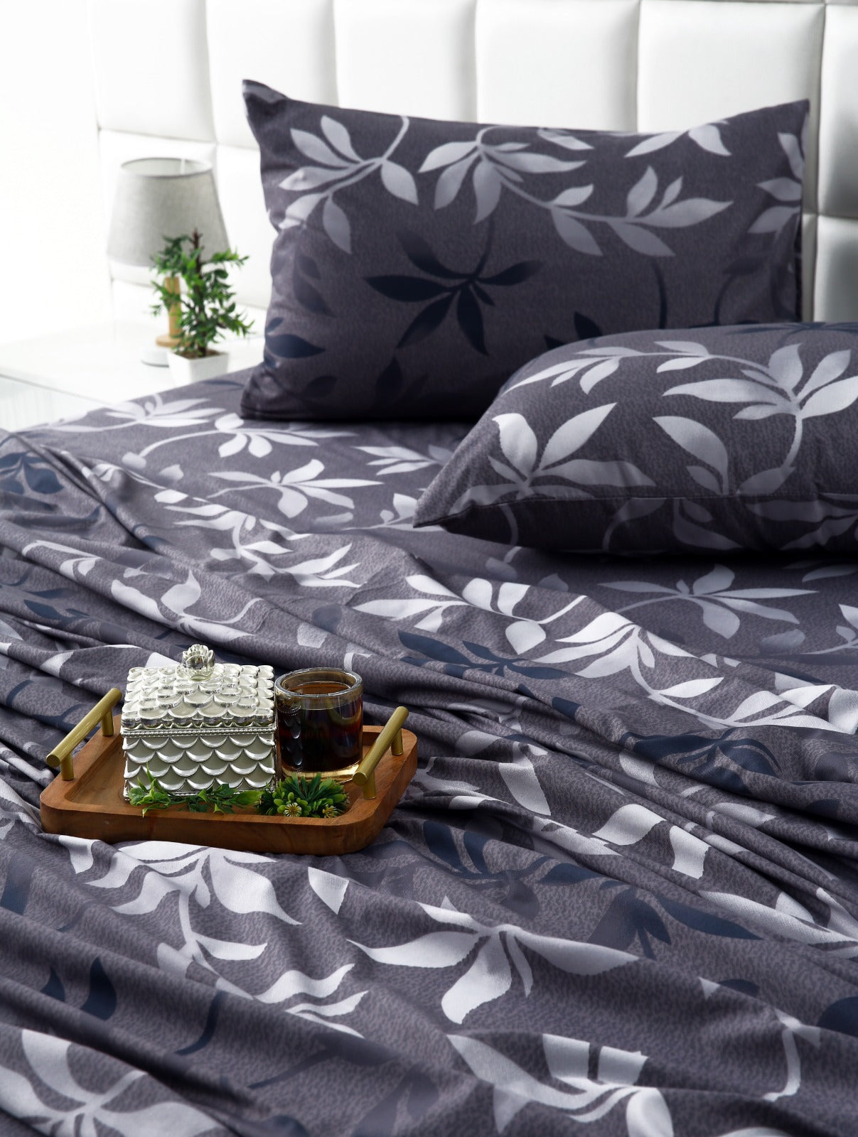 3 PCs Double Bed Sheet-Grey Leaf Bed Sheets Apricot