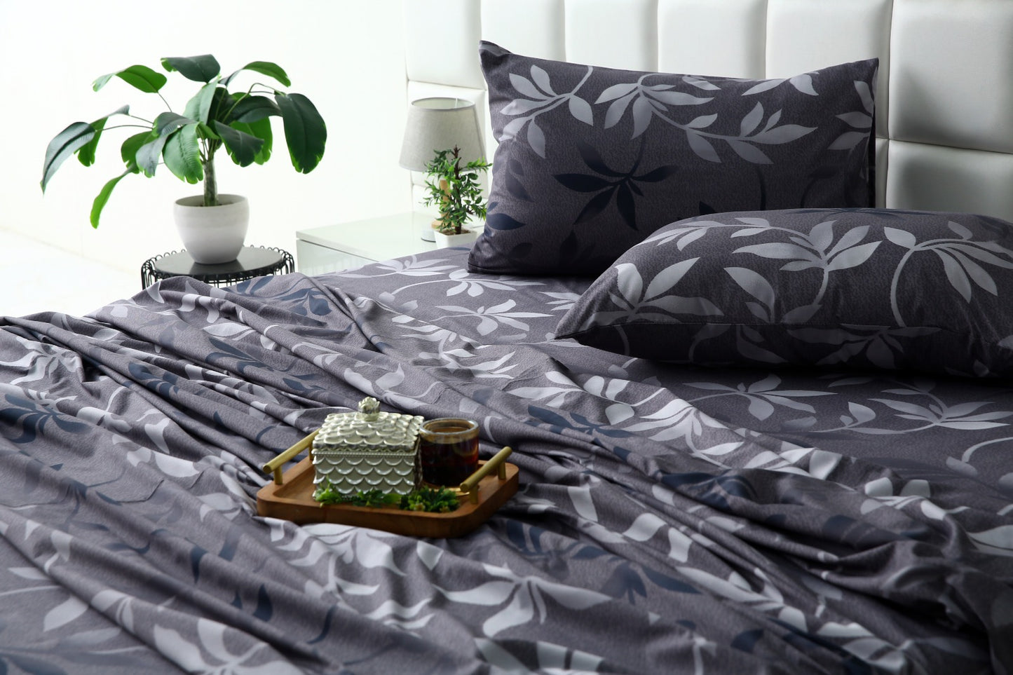 3 PCs Double Bed Sheet-Grey Leaf Bed Sheets Apricot