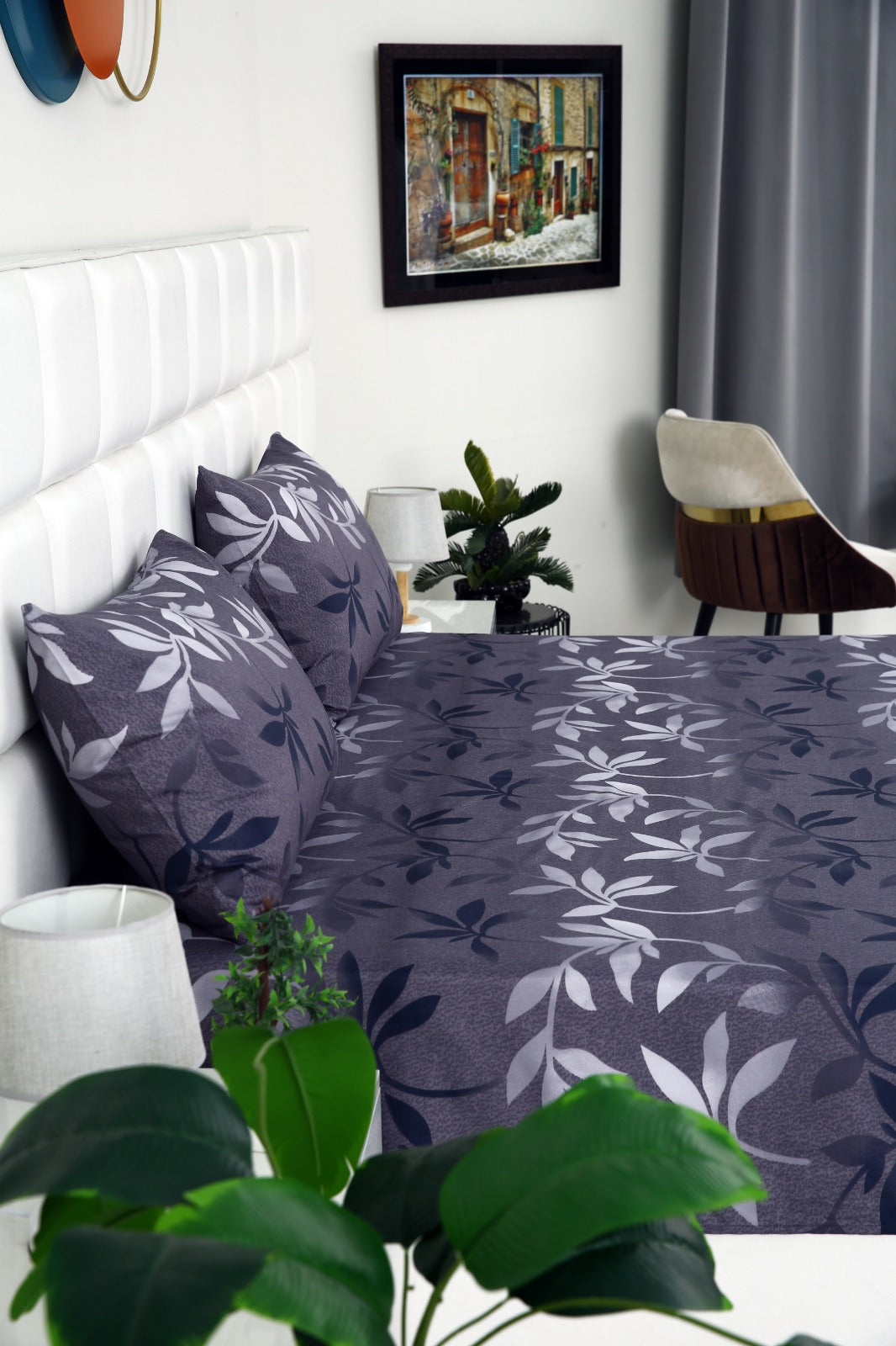 3 PCs Double Bed Sheet-Grey Leaf Bed Sheets Apricot