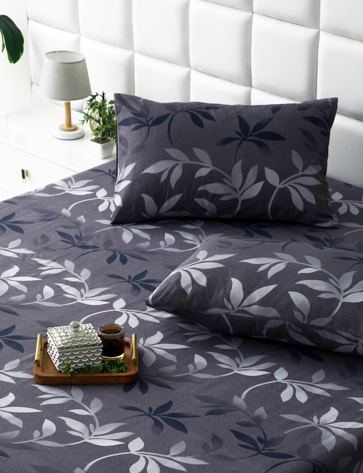 3 PCs Double Bed Sheet-Grey Leaf Bed Sheets Apricot