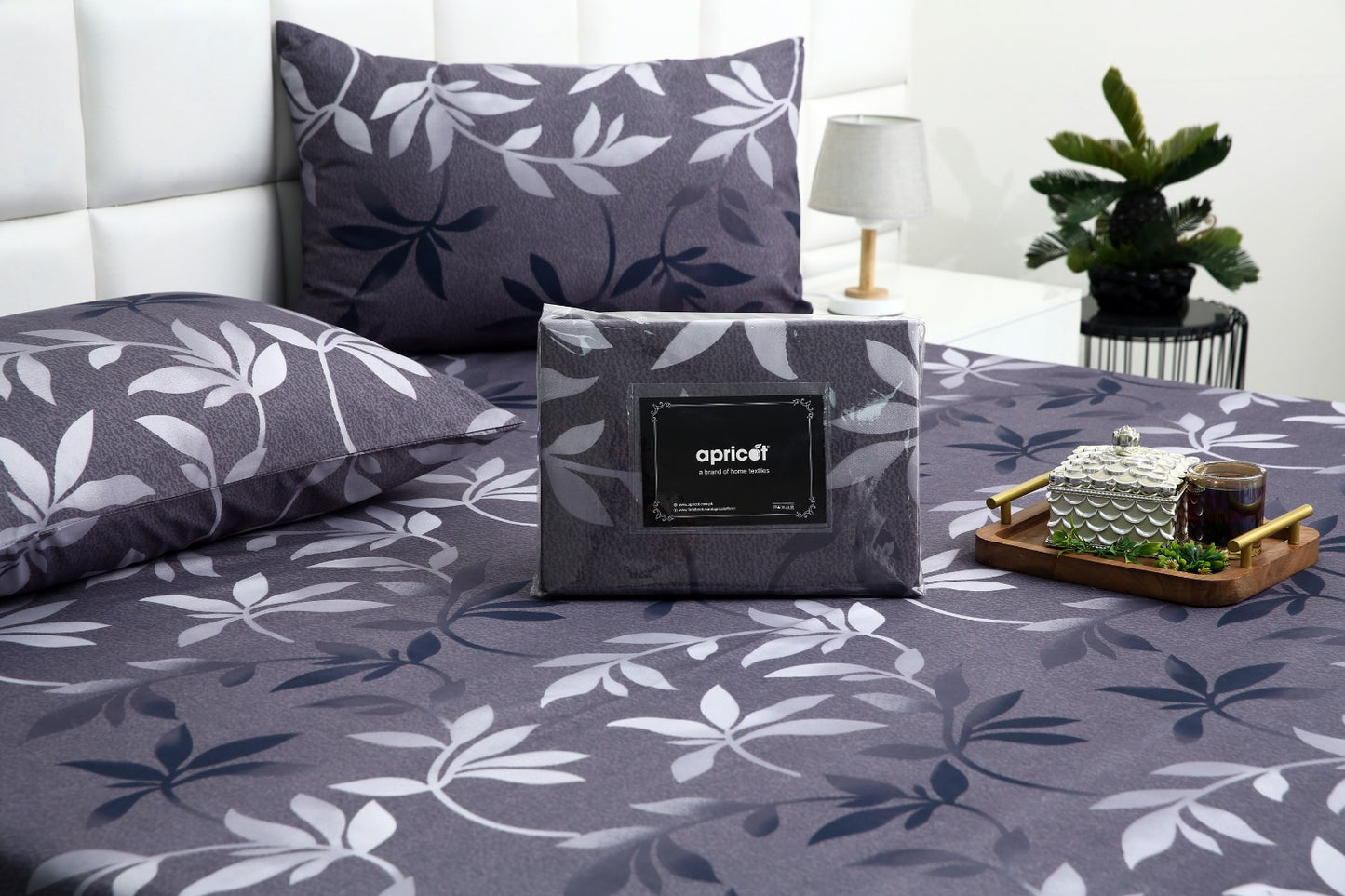 3 PCs Double Bed Sheet-Grey Leaf Bed Sheets Apricot