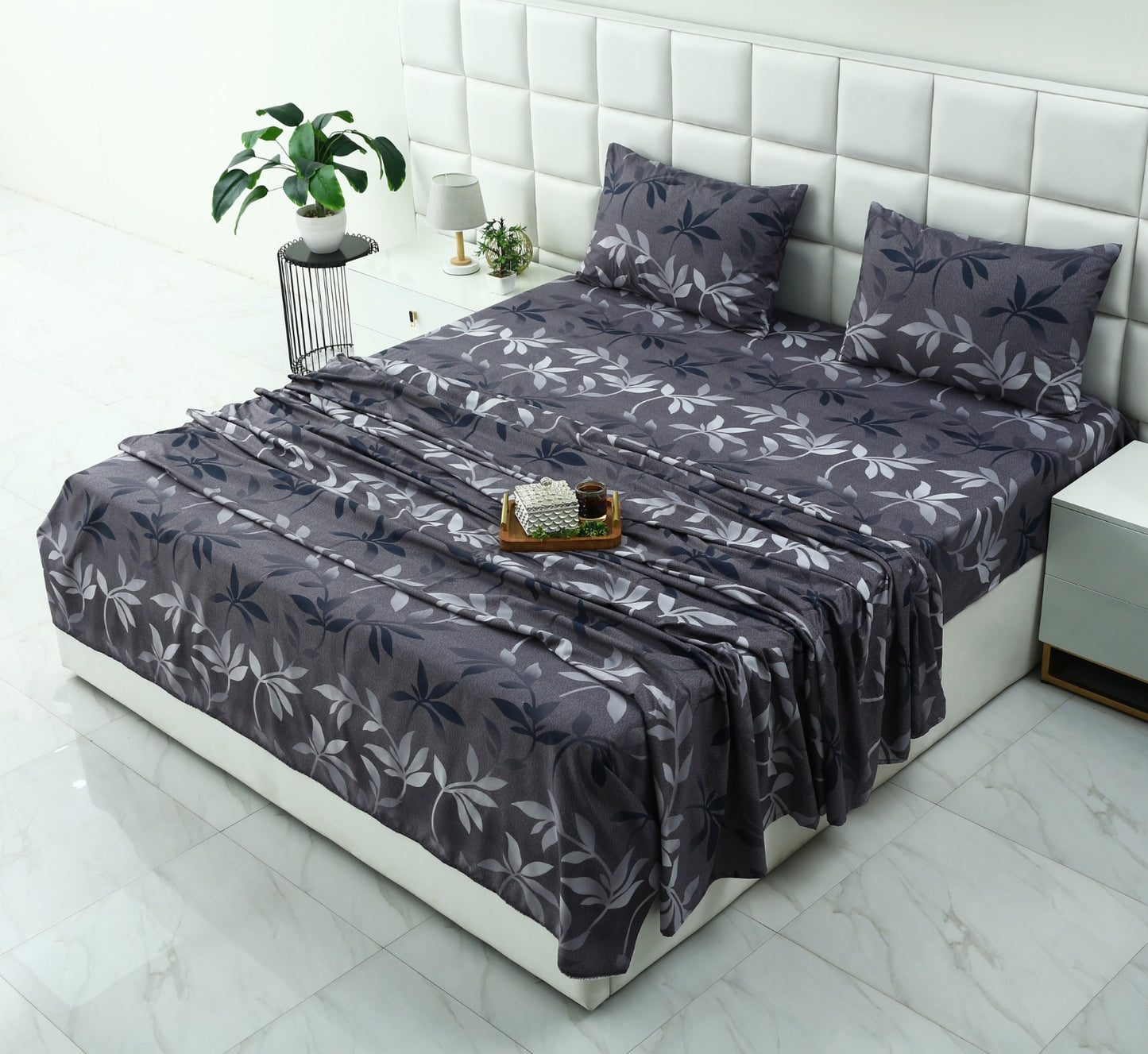 3 PCs Double Bed Sheet-Grey Leaf Bed Sheets Apricot