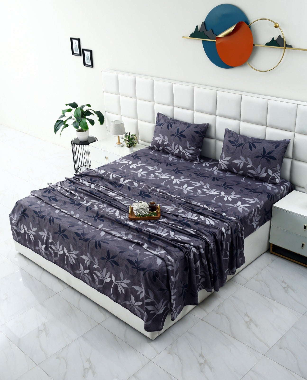 3 PCs Double Bed Sheet-Grey Leaf Bed Sheets Apricot
