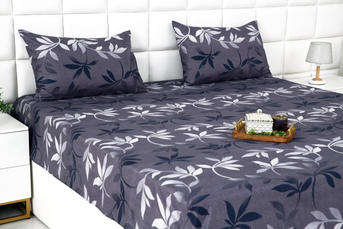 3 PCs Double Bed Sheet-Grey Leaf Bed Sheets Apricot