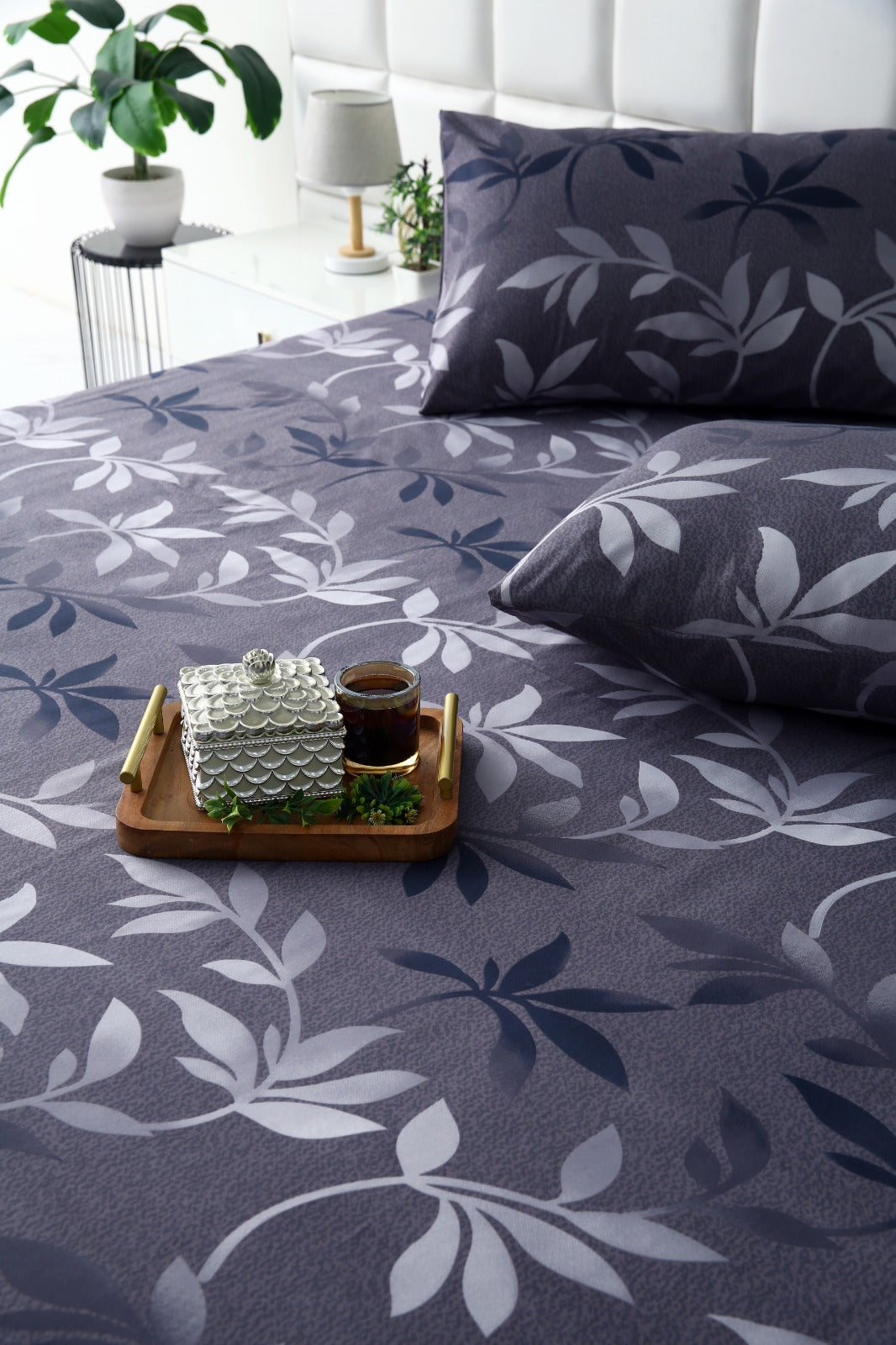 3 PCs Double Bed Sheet-Grey Leaf Bed Sheets Apricot