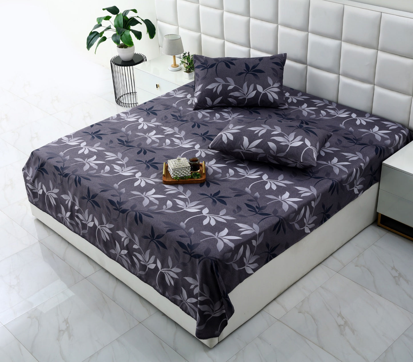3 PCs Double Bed Sheet-Grey Leaf Bed Sheets Apricot
