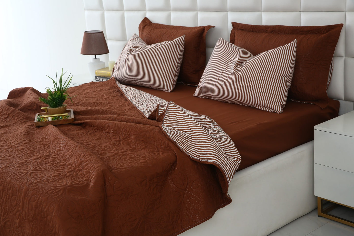 6 PCs Dyed Bed Spread Set-Brown Bed Spread Apricot