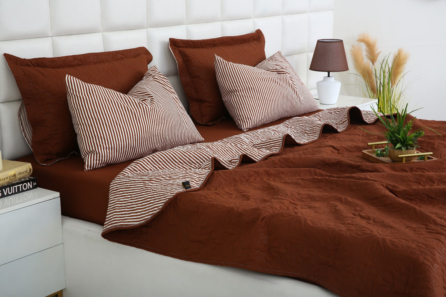 6 PCs Dyed Bed Spread Set-Brown Bed Spread Apricot