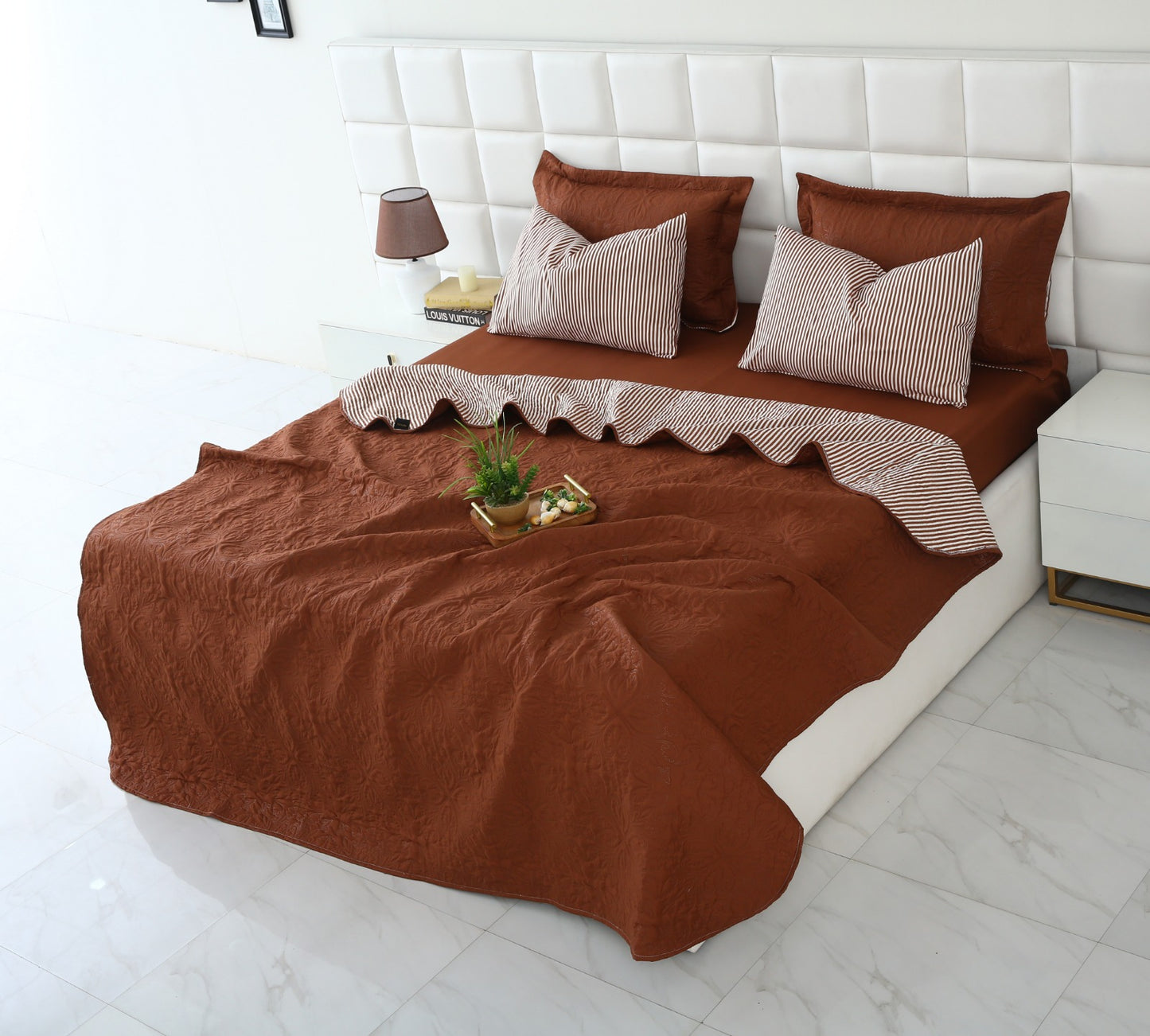 6 PCs Dyed Bed Spread Set-Brown Bed Spread Apricot