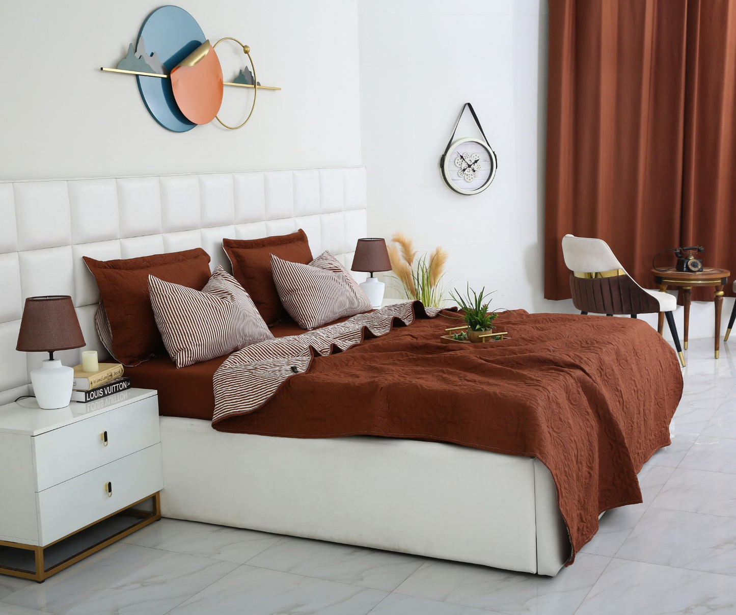 6 PCs Dyed Bed Spread Set-Brown Bed Spread Apricot
