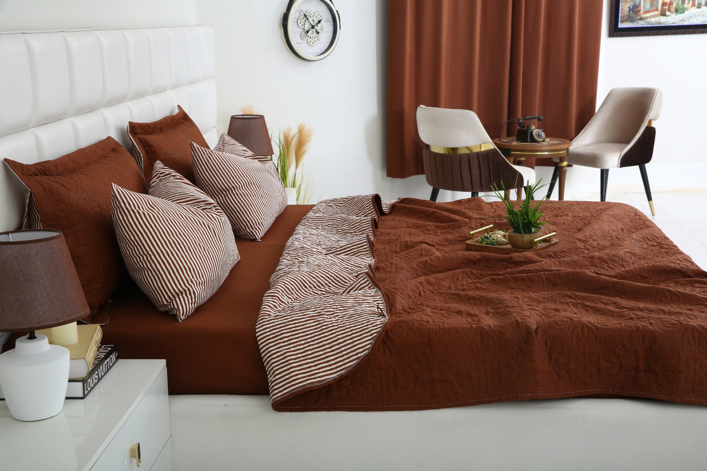 6 PCs Dyed Bed Spread Set-Brown Bed Spread Apricot