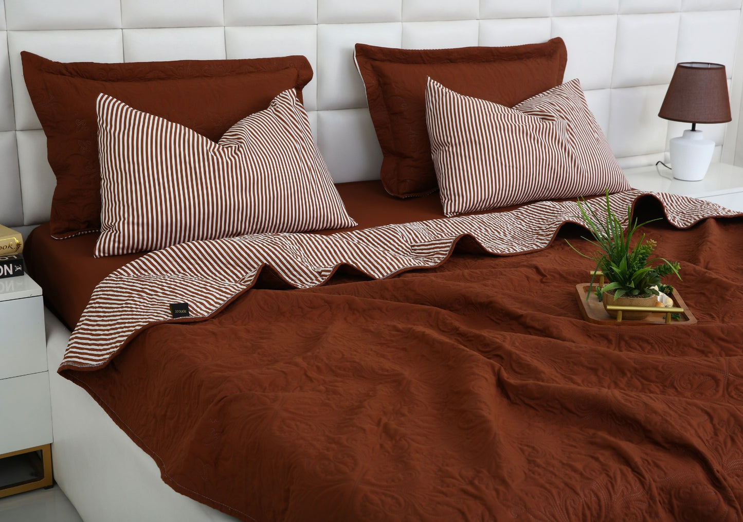 6 PCs Dyed Bed Spread Set-Brown Bed Spread Apricot