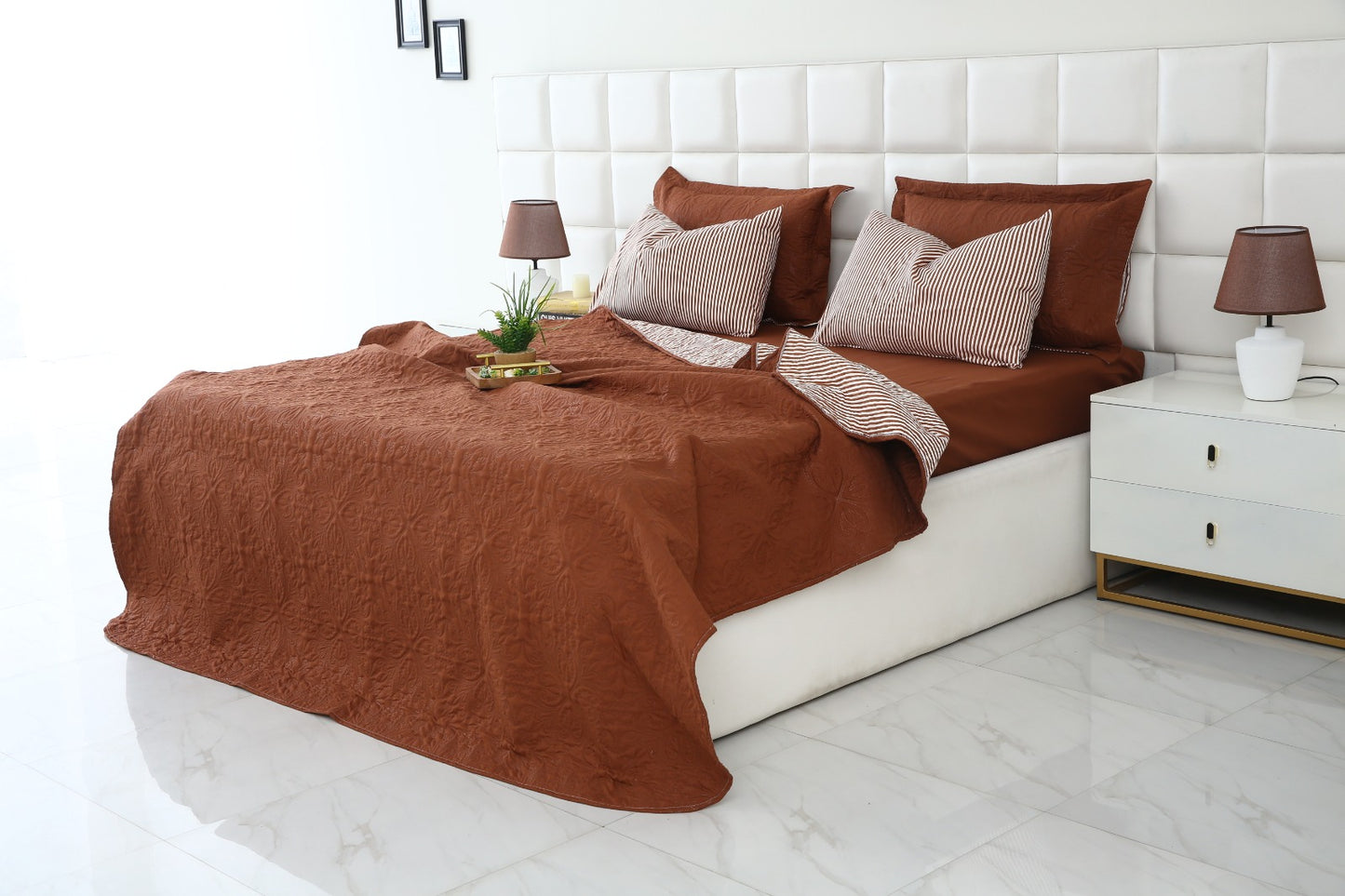 6 PCs Dyed Bed Spread Set-Brown Bed Spread Apricot