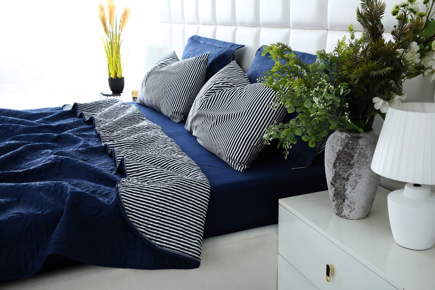 6 PCs Dyed Bed Spread Set-Navy Blue Bed Spread Apricot