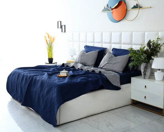 6 PCs Dyed Bed Spread Set-Navy Blue Bed Spread Apricot