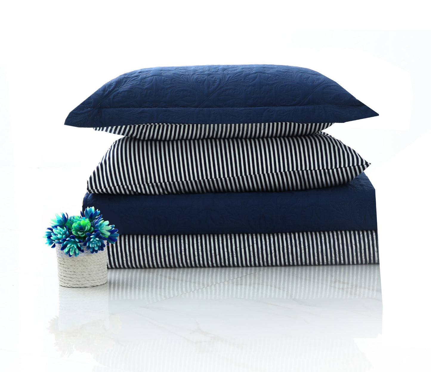 6 PCs Dyed Bed Spread Set-Navy Blue Bed Spread Apricot
