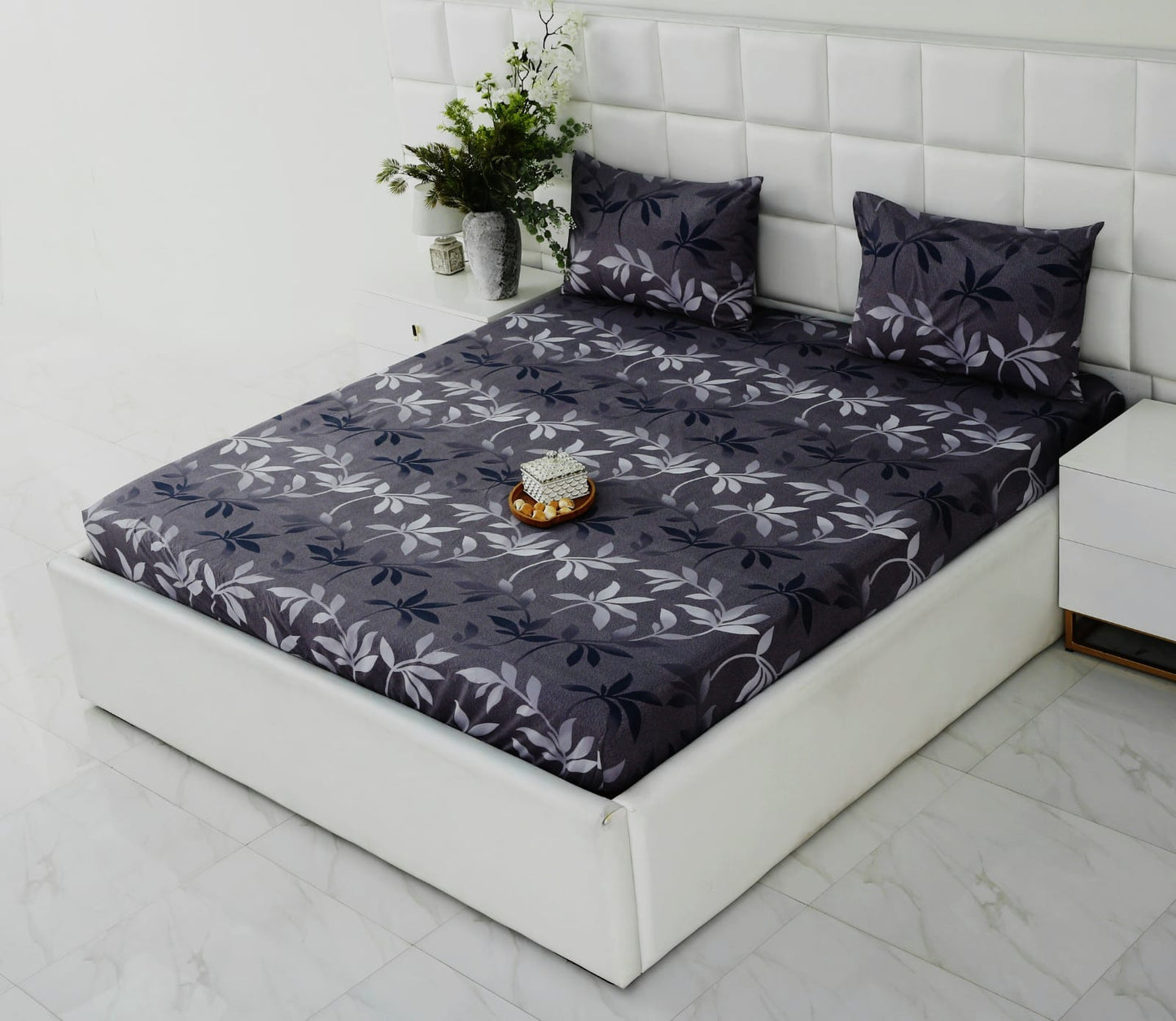 Fitted Bed Sheet-Grey Leaf Fitted Sheets Apricot