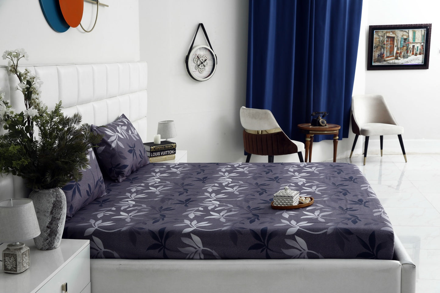 Fitted Bed Sheet-Grey Leaf Fitted Sheets Apricot