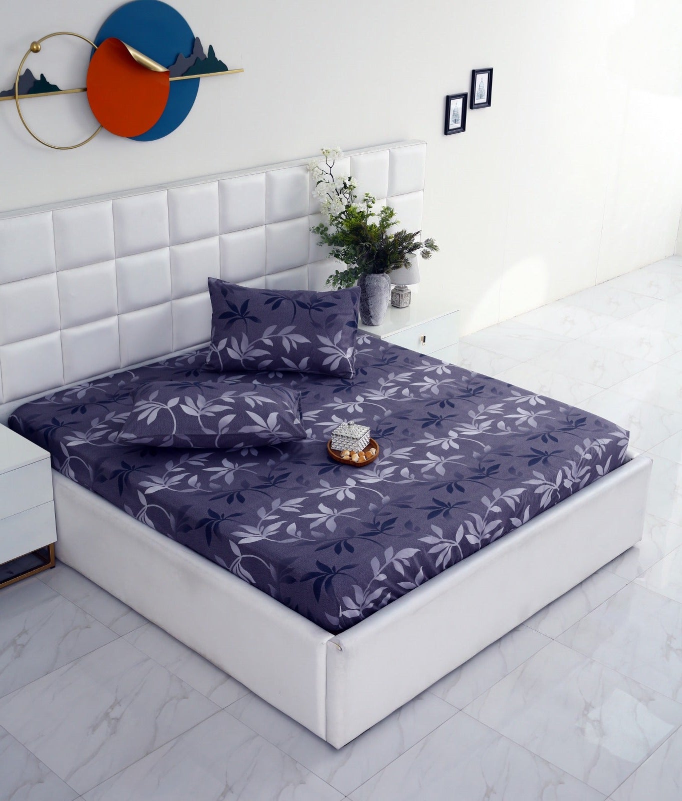 Fitted Bed Sheet-Grey Leaf Fitted Sheets Apricot