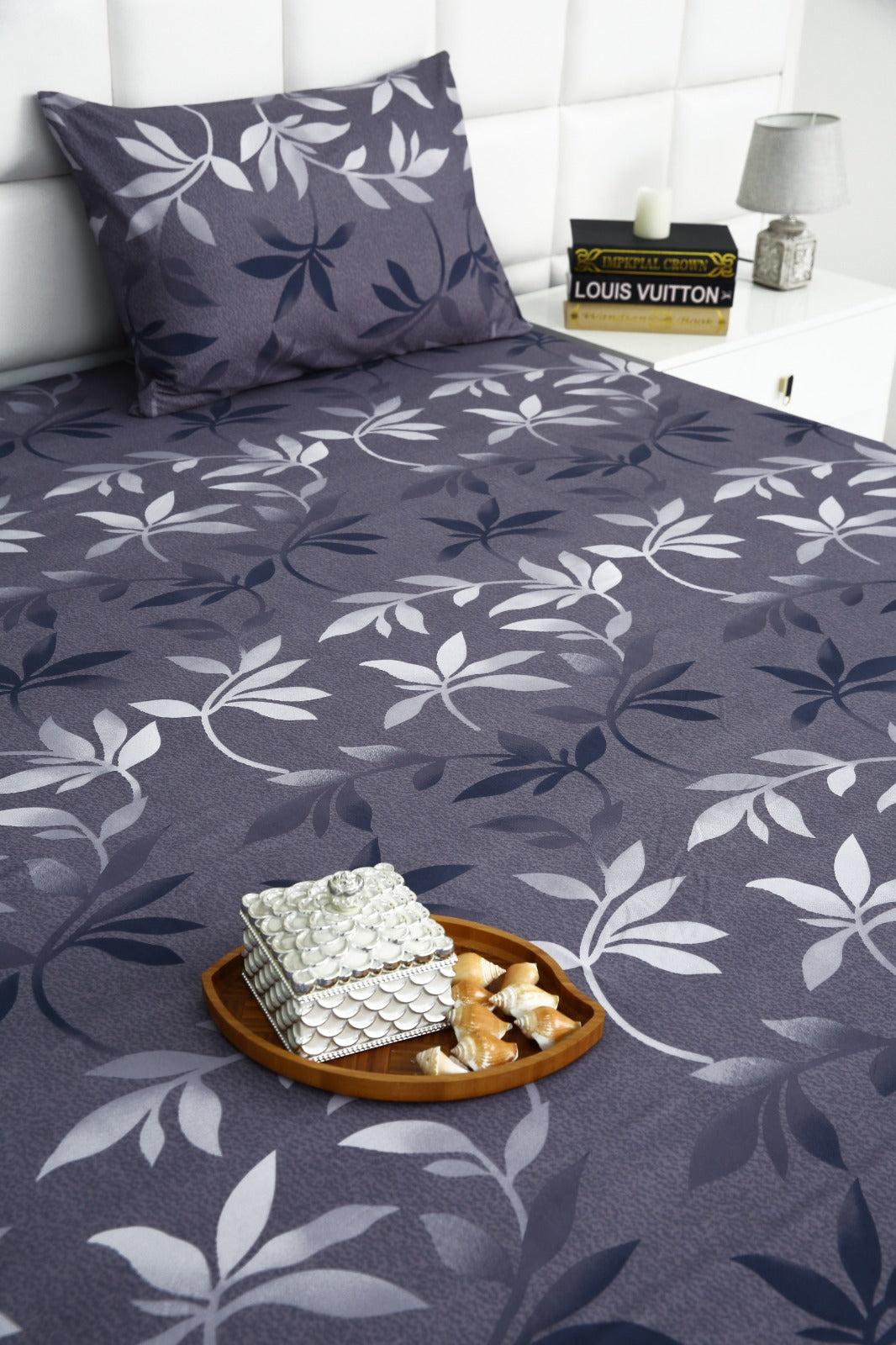Fitted Bed Sheet-Grey Leaf Fitted Sheets Apricot