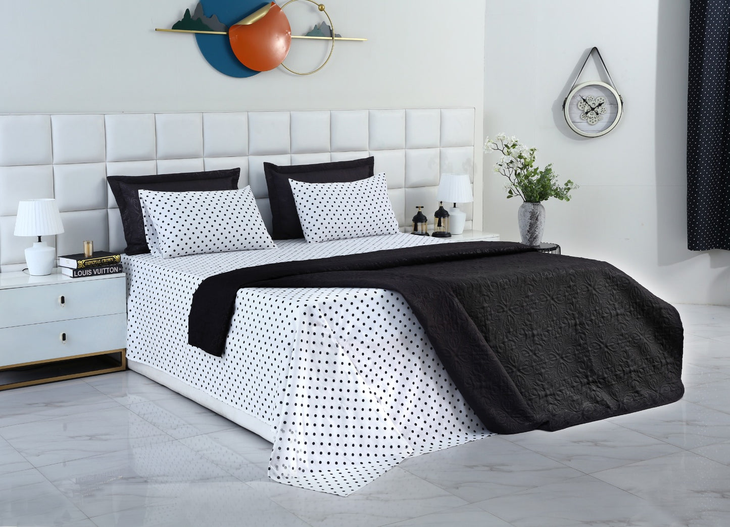 6 PCs Dyed Bed Spread Set-Black Bold Polka Bed Spread Apricot