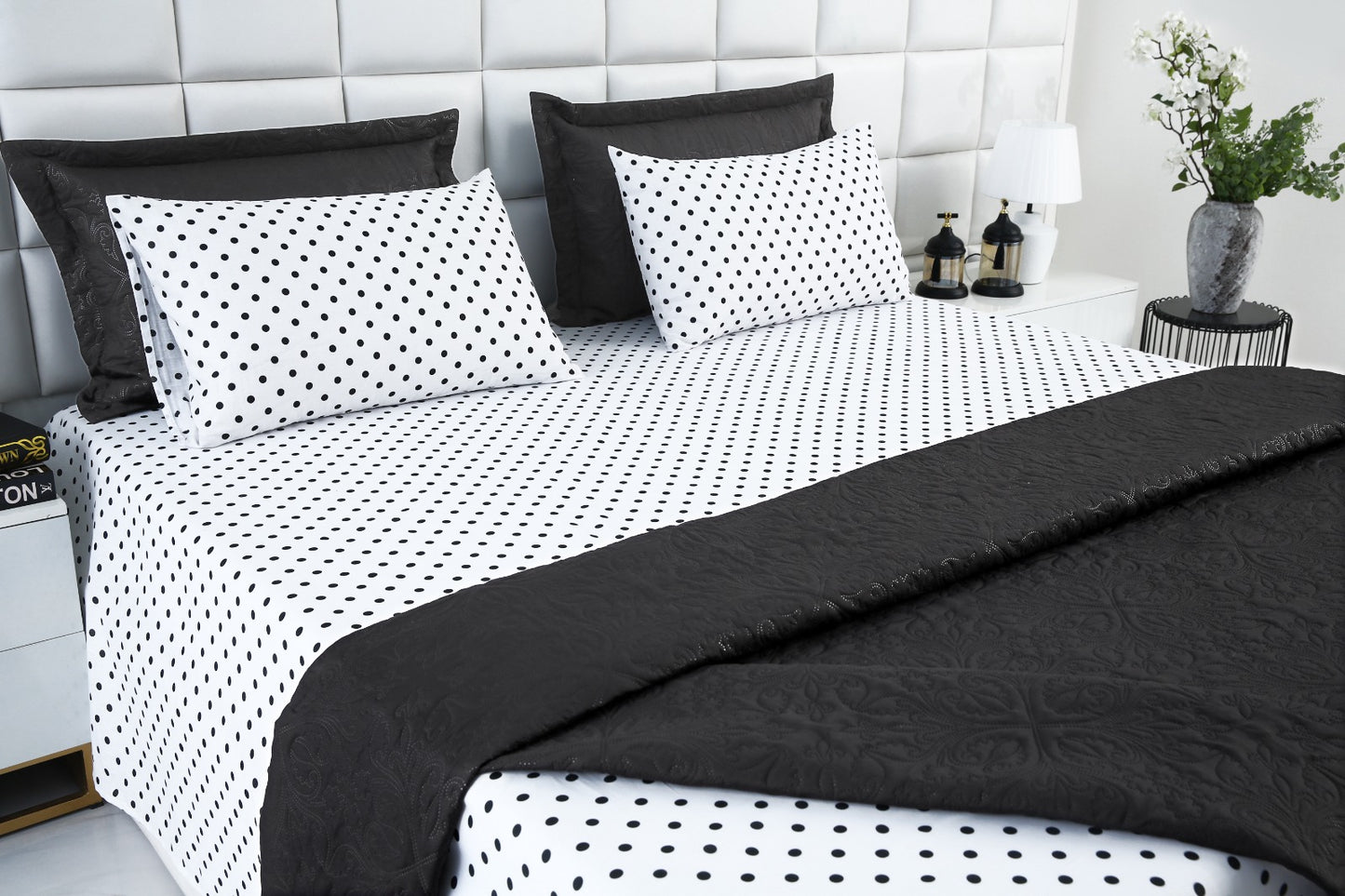 6 PCs Dyed Bed Spread Set-Black Bold Polka Bed Spread Apricot