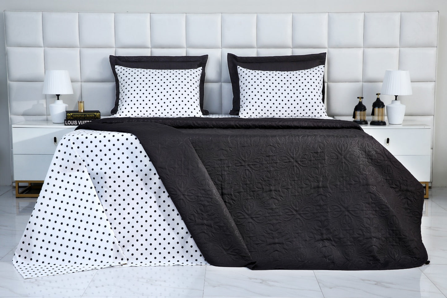 6 PCs Dyed Bed Spread Set-Black Bold Polka Bed Spread Apricot