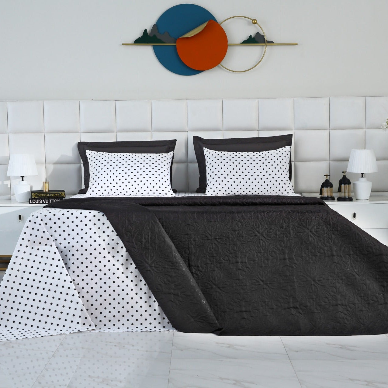 6 PCs Dyed Bed Spread Set-Black Bold Polka Bed Spread Apricot
